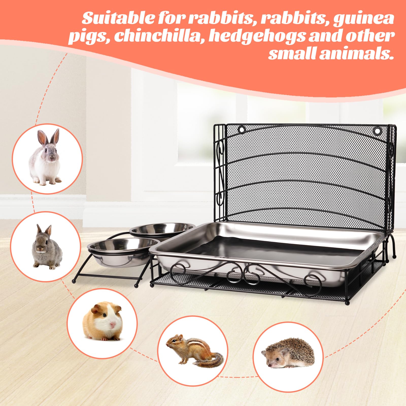 3 in 1 Rabbit Hay Feeder with Litter Box and Bowls Guinea Pig Hay Feeder with Metal Hay Rack, Bunny Litter Box, Stainless Steel Small Animal Feeding Bowl, Black - image 4