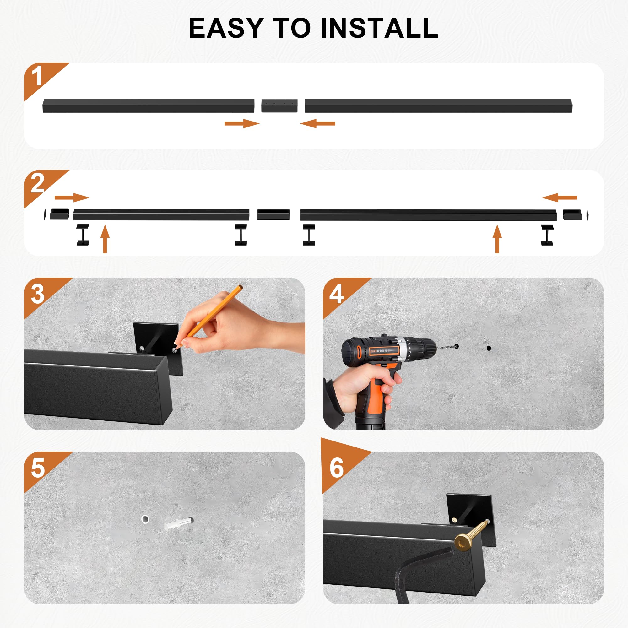 Handlauf Metall, Schwarz Matt Geländer Treppe Wandhandlauf Wand Innen und Außen mit Wandhalterung und Endkappen, Treppengeländer mit Zubehör, Handlauf Treppe für Treppen, Brüstung, Balkon (240cm)