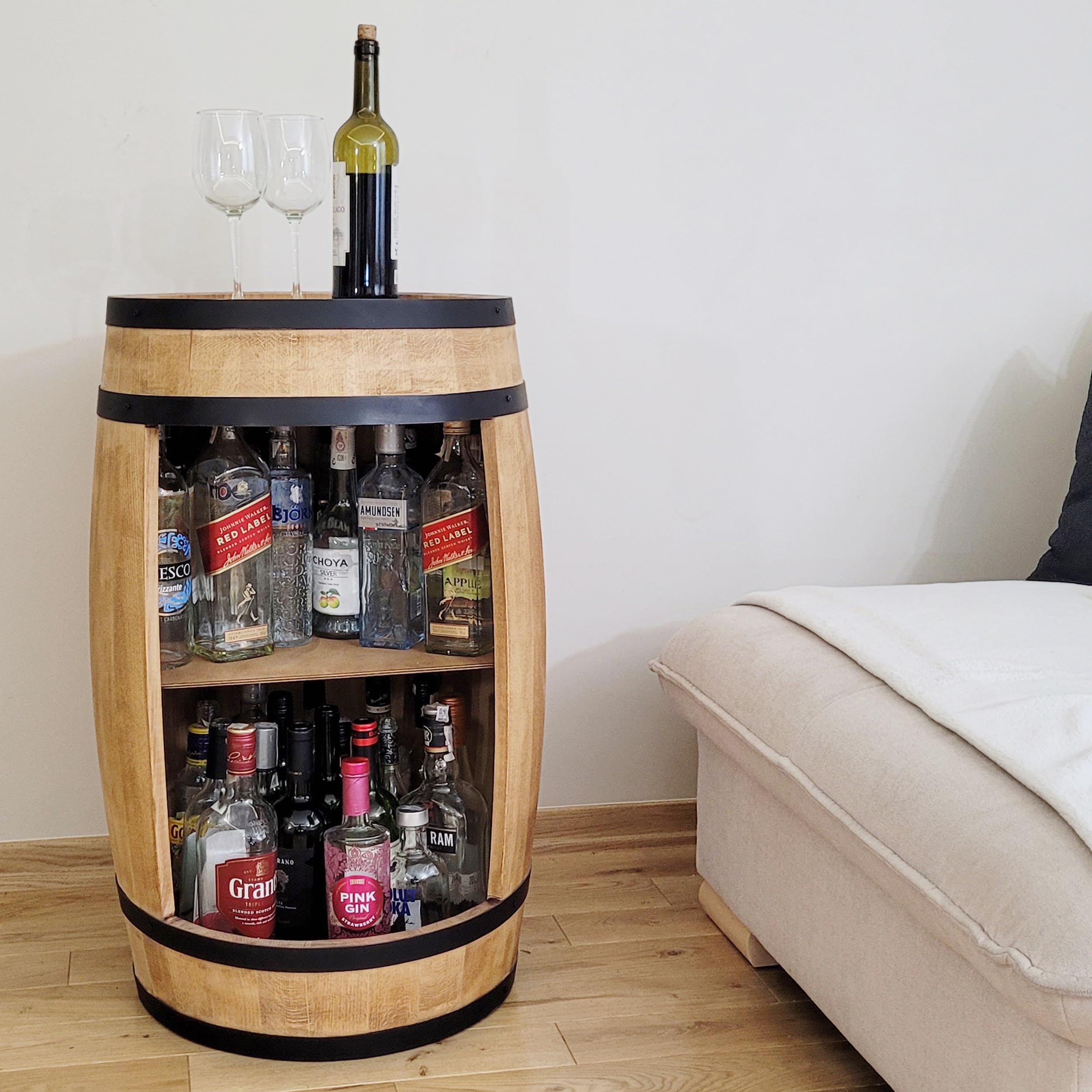 Barril de madera, armario para vino, 81 cm, botellero en forma de barril, armario para bebidas