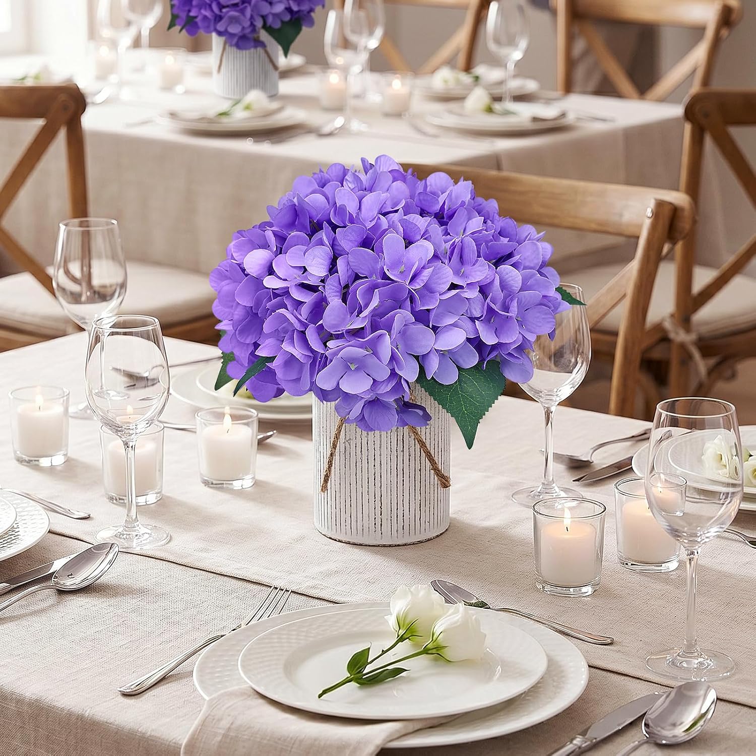 Condition photo showing New/Like New for flower table centerpieces - set of 6 floral arrangement artificial wedding hydrangeas floral arrangement with rustic metal vase for bridal tea party event decorations - deep purple deep purple set of 6 floral arrangement