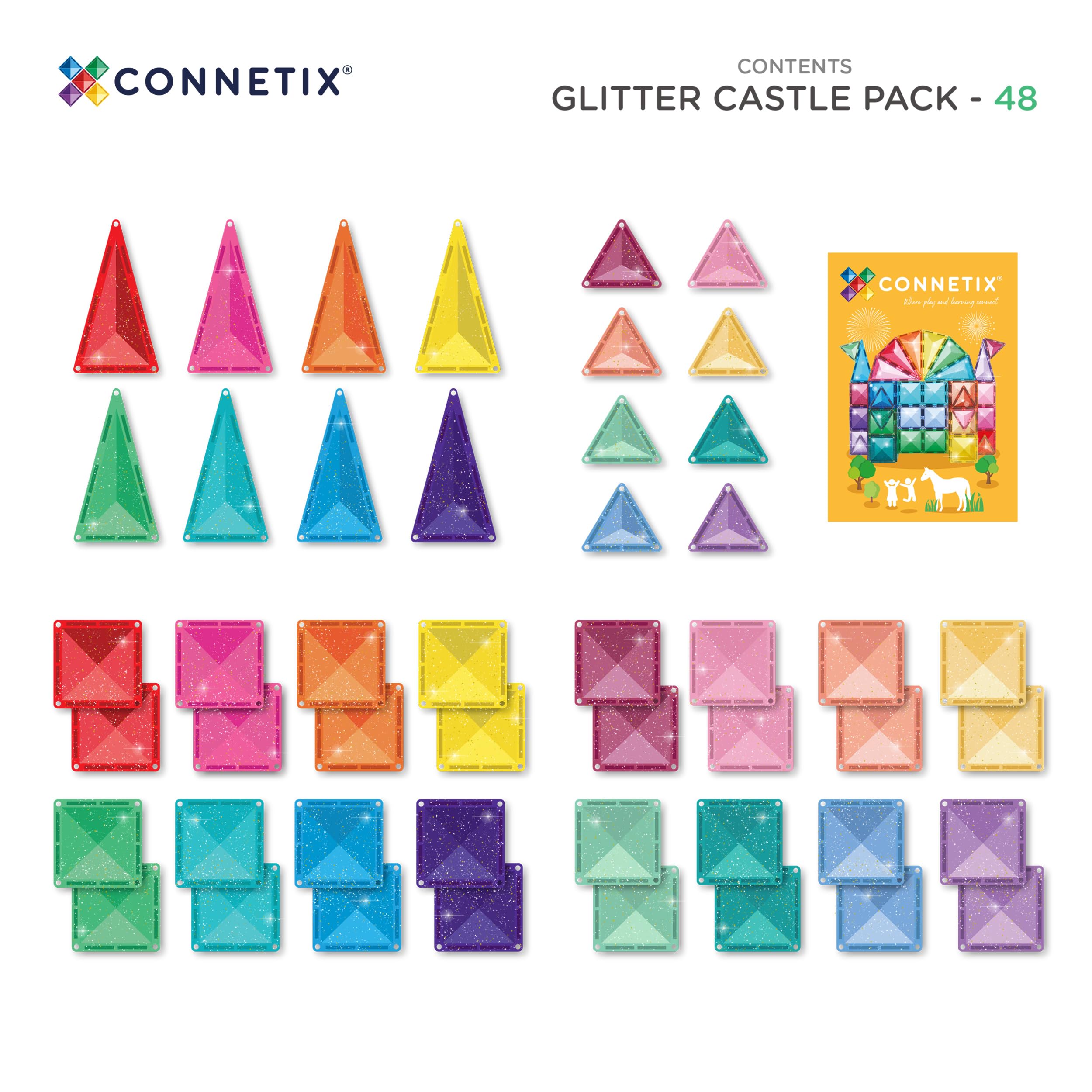CONNETIX Piastrelle Magnetiche Glitter Pacchetto Castello, 48 Pezzi