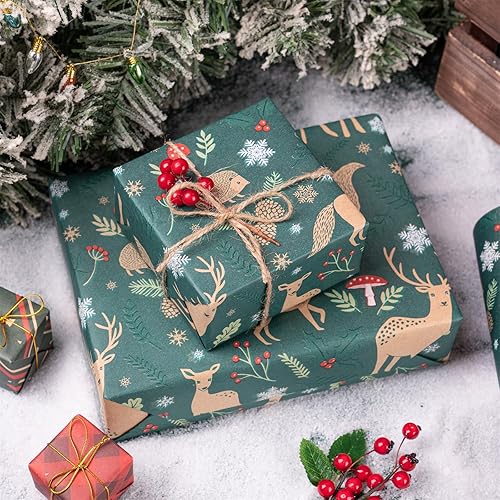 Miniatura 9 de RUSPEPA Papel de regalo de Navidad, rollo de papel kraft jumbo  Diseño de reno a cuadros rojos y verdes para papel de regalo de vacaciones, 30