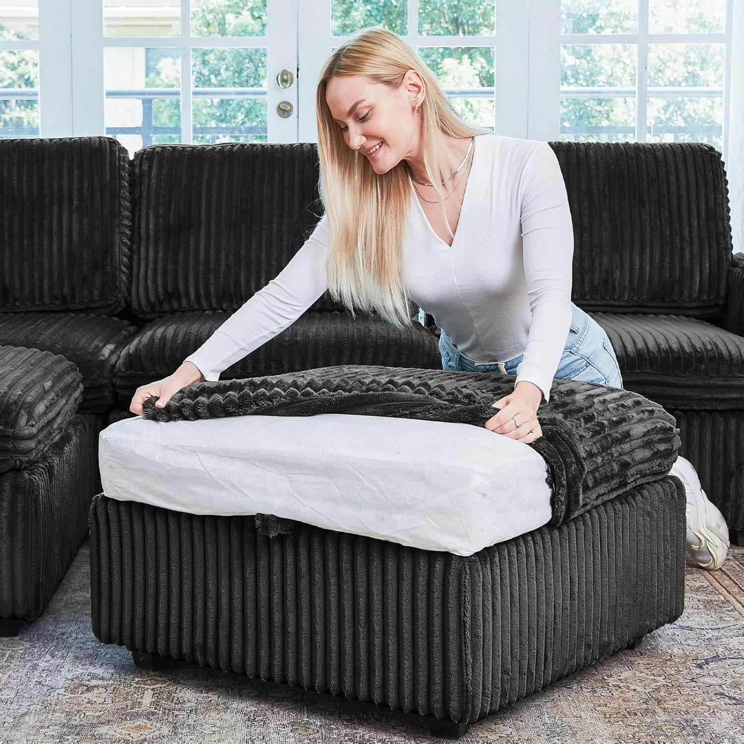 Belffin Modular Sectional Sofa with Storage Seat, Oversized Cloud Couch Sectional with Extra Deep Seat, Comfy 3 Seater Sectional Couches for Living Room, Plush Corduroy Black