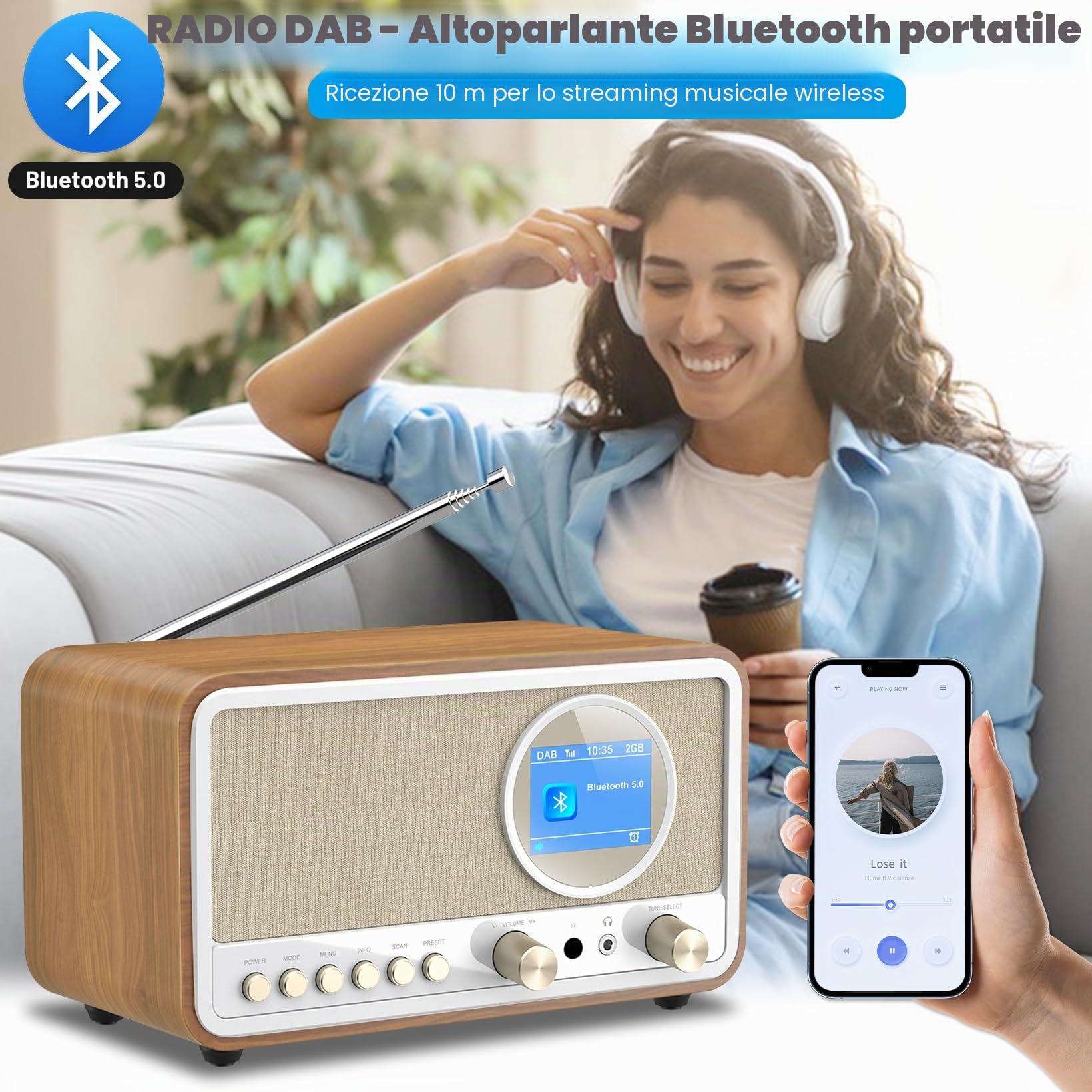 DAB+/FM Radio con Bluetooth, Radio DAB Plus, radio digitale da cucina, r adio con telecomando,Radi o da cucina, radiosveglia con funzione sleeptimer, allarme snooze – USB/Aux-In (Bianco)