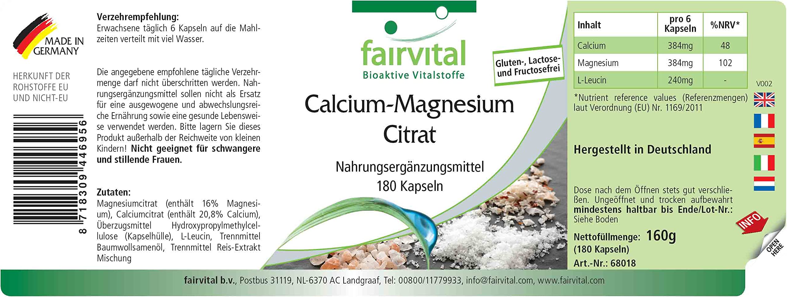 fairvital Citrato de calcio y magnesio, 180 cápsulas, ALTA DOSIS, cápsulas de calcio y magnesio, VEGANAS