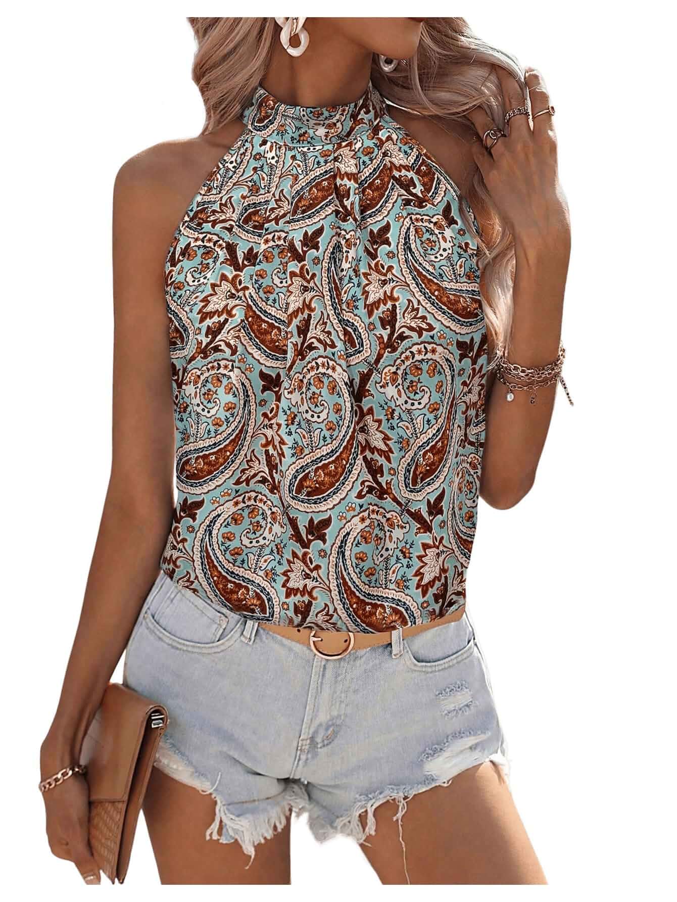 WDIRARA Women's Sleeveless Summer Animal Print Halter Top Blouse Mock Neck, Leopard Clothes, Cheetah Shirt, Polka Dots, Vintage Floral Offfice Wear