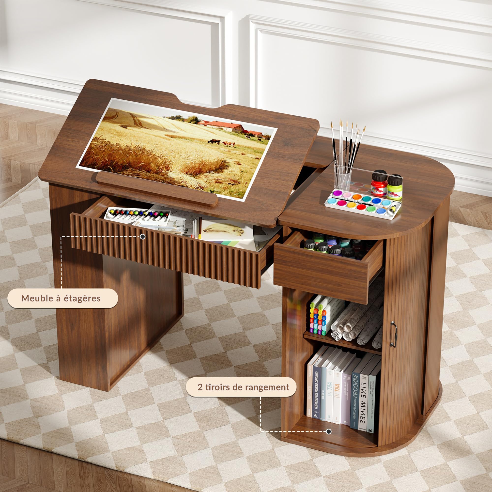 Table à Dessin inclinable avec rangements, Effet Bois