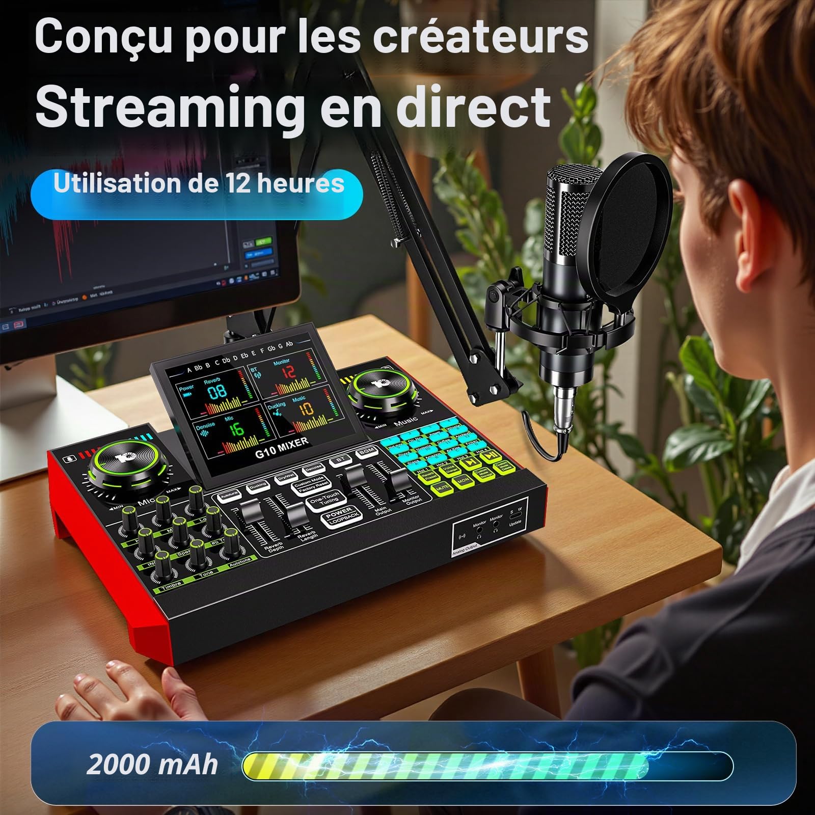 tenlamp Équipement Podcast avec Table de Mixage Audio et Microphone Condensateur 3.5mm, pour PC et Smartphone, Chant en Direct Live, Création de Contenu Gaming, Soundboard avec Changeur de Voix