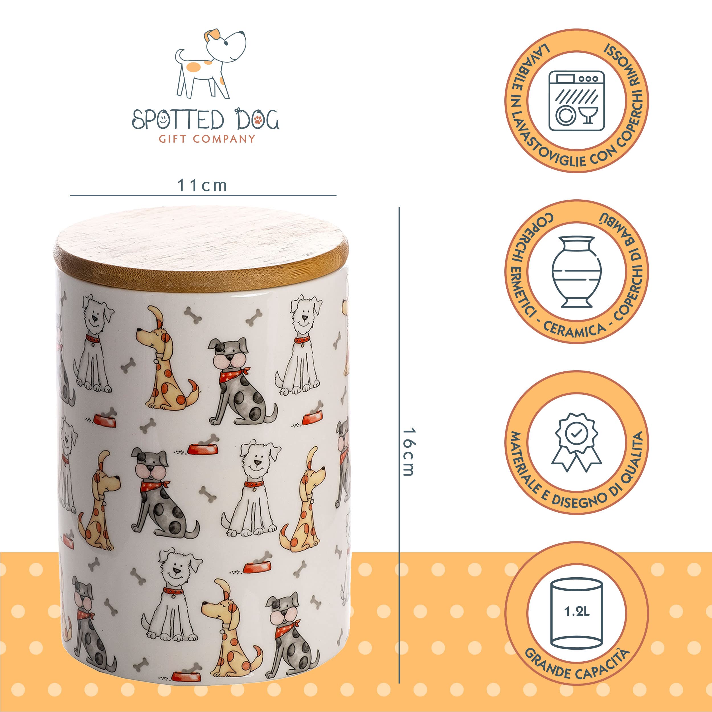 SPOTTED DOG GIFT COMPANY - set di 3 barattoli da cucina a tema cani - per sale, zucchero, caffè - idee regalo - in ceramica con coperchio in legno - bianco