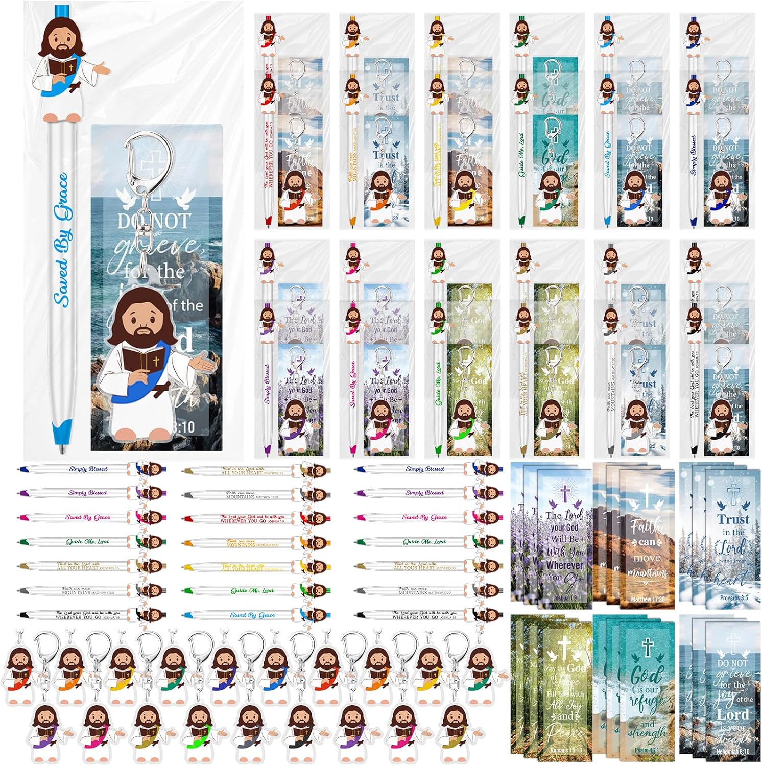 Engrowtic 180 Pcs Easter Christian Jesus Party Favors Bible Verse Ballpoint Pen Bulk Easter Basket Stuffers Keychains Bookmarks Religious Church Gift for Sunday School Prize Vbs Baptism (12 Color)