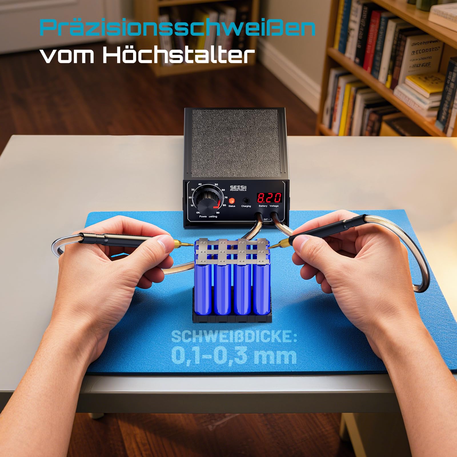 SEESII Doppelimpuls Punktschweißgerät für Akkus: 9600mAh Kabelloses Schweißgerät mit Echtzeit Spannungsanzeige, Einstellbaren Stufen, Fußbetätigt, für Reparatur, Montage von Batteriepacks