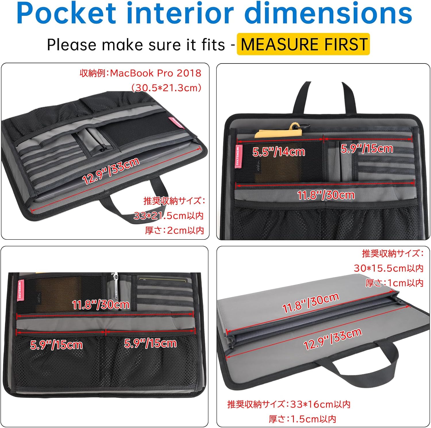 Slim Rugged Organizer Insert for Briefcase Messenger Tote Bag-13 Pockets,Durable Padded Nylon,Handle - Grey