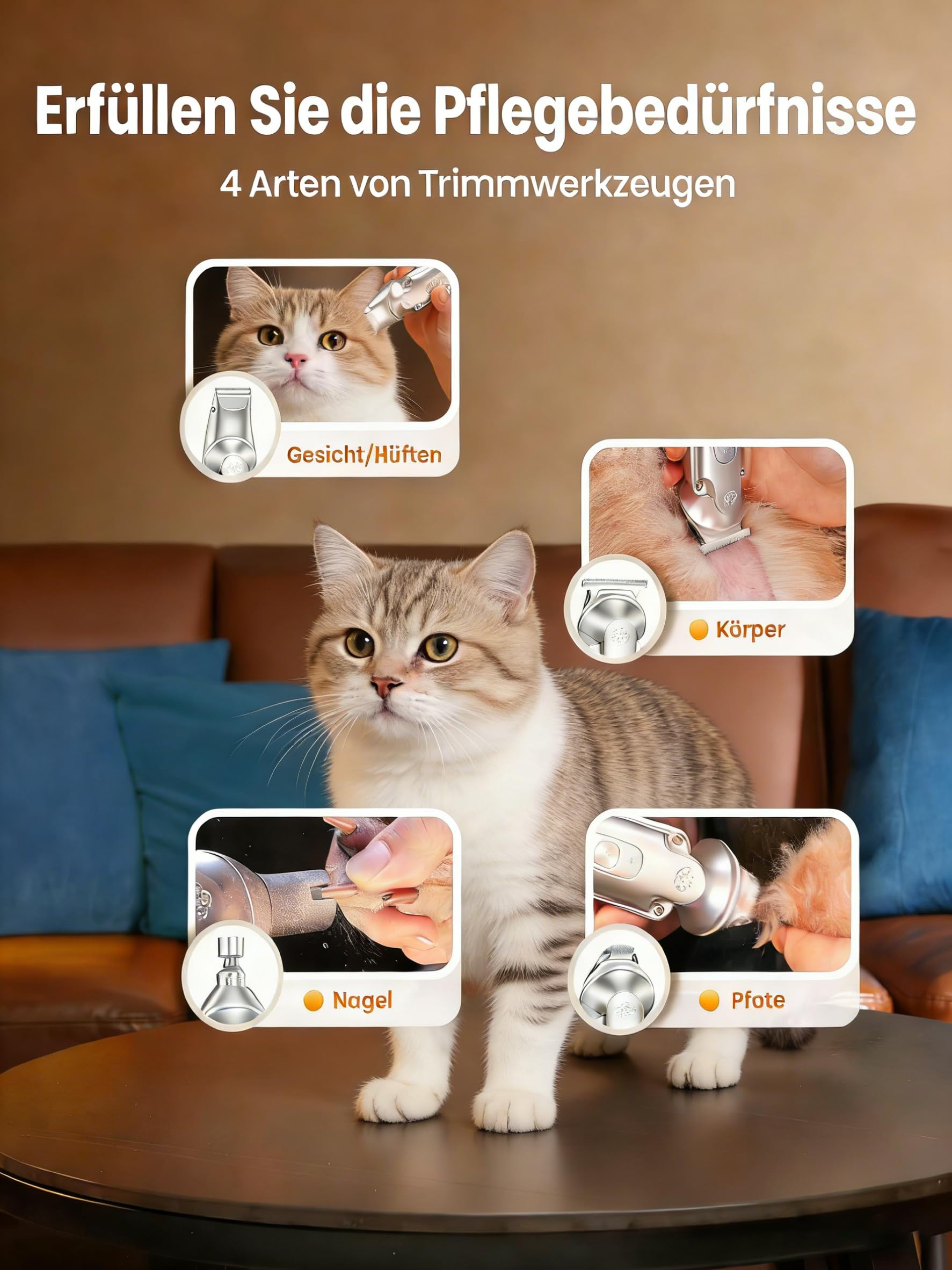 Oneisall 4-in-1 Leise Schermaschine Katze Hund, Hundeschermaschine Haarschneidemaschine Profi, Pfotentrimmer für Hunde Katzen, Hunderasierer IPX7 Wasserdicht, 2000mAh Wiederaufladbar