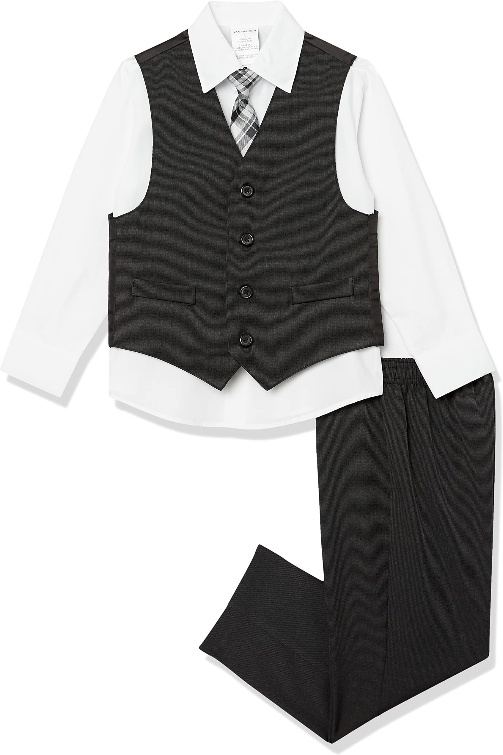 Boys' 4-piece Formal Suit Set, Vest, Pants, Collared Dress Shirt, and Tie