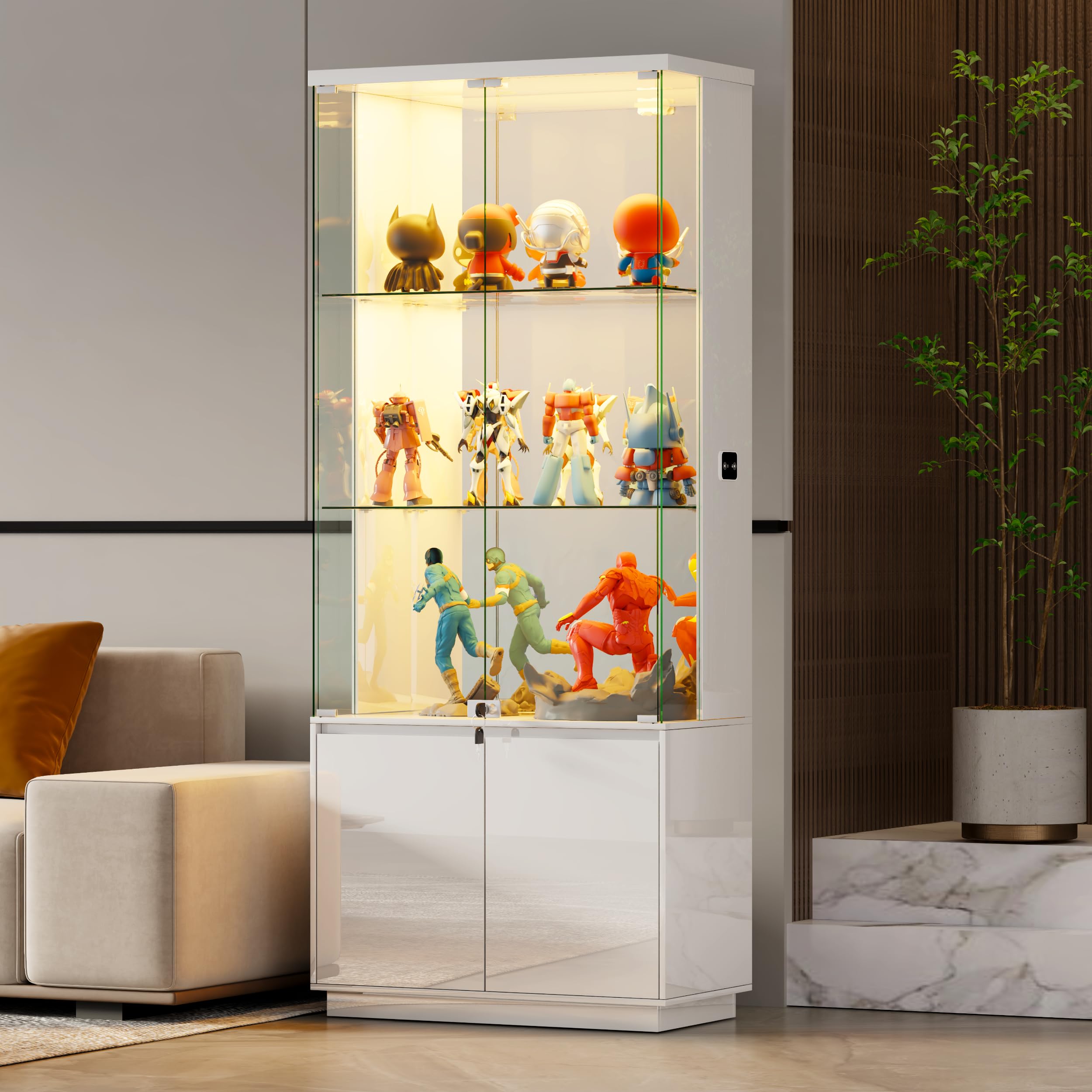 Gurexl 71 ” Glass Display Cabinet with 3 Color Lights,High Gloss Cupboard Cabinet with Body Sensor,Lockable Bar Cabinet with Adjustable Shelf for Curio,Collection,Trophy,Living Room,Bedroom,White