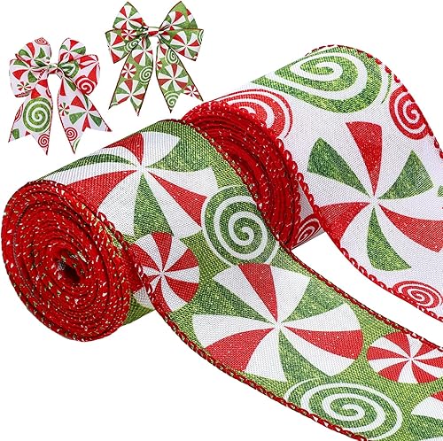 Cinta de arpillera con borde con alambre de menta y caramelo de Navidad de 2.5 pulgadas de ancho, cinta de arpillera para manualidades, corona,