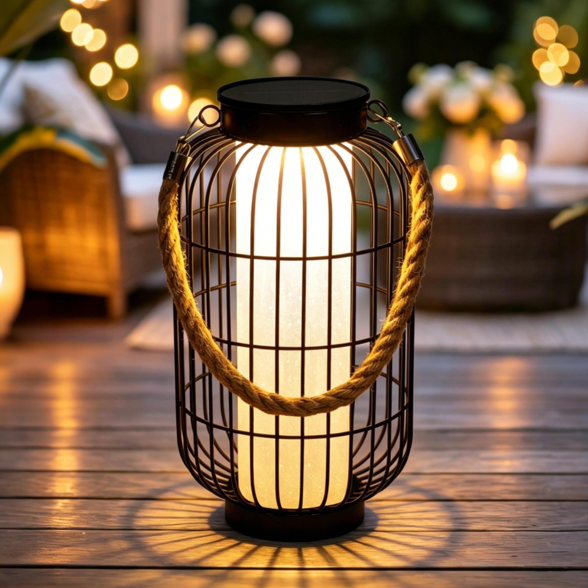 Pearlstar Black Large Solar Powered Lantern Outdoor-Heavy Duty Metal Hanging Lights Decorative Solar Table Lamp Waterproof For Outside Patio Yard Garden Porch Tabletop Decor (Black)