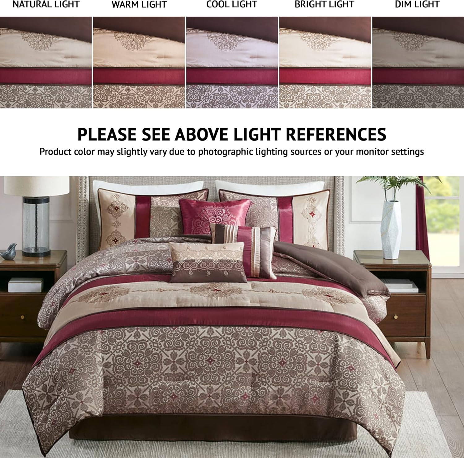 Madison Park Neyson Comforter Faux Silk-Traditional Luxurious Jacquard Design All Season Set, Matching Bed Skirt, Decorative Pillows, and Curtains, Valance, Queen, Red Medallion 12 Piece