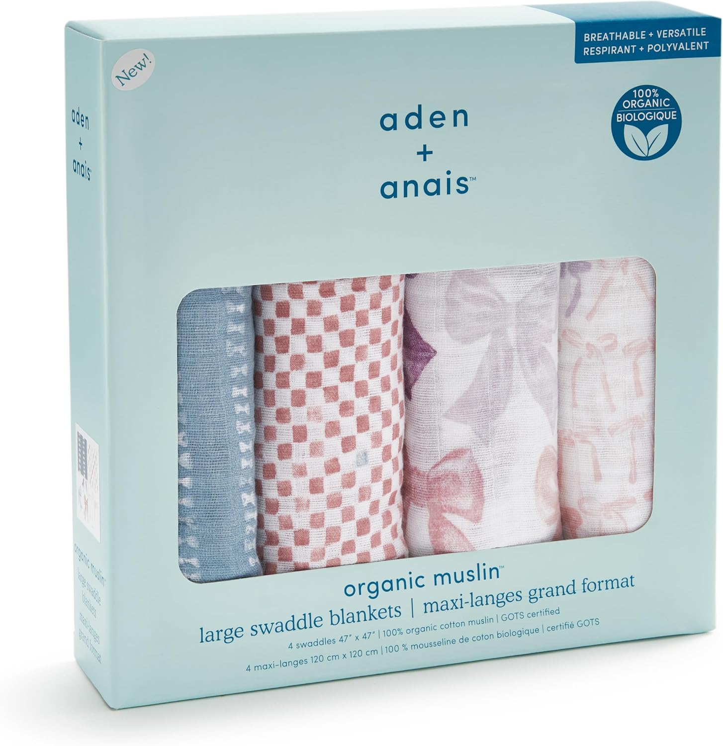 aden + anais 100% Organic Cotton Muslin Swaddles, Breathable Baby Blanket, Ideal for Boys, Girls, Newborns, Babies & Infants, Receiving Blanket, Soft and Lightweight Wrap, 4 Pack, Bow Atelier