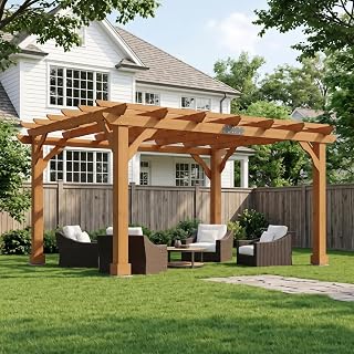 AMERLIFE 12x10 FT Outdoor Wooden Pergola, Large Solid Cedar Wood Pergola Kit with Slatted Roof Design, Heavy-Duty Frame for Backyard, Patio & Garden, Red-Brown Finish