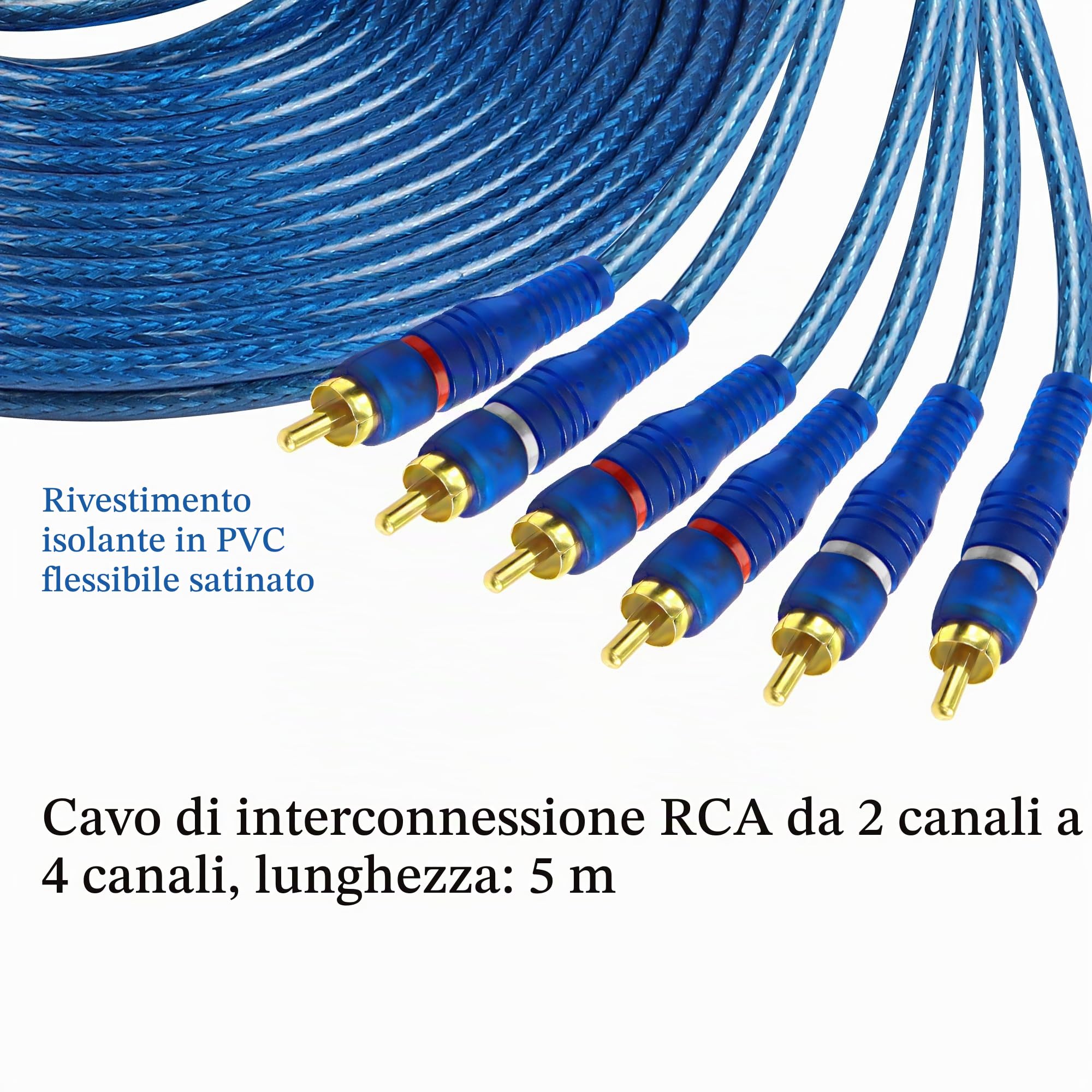MEIRIYFA 4 Canali RCA Car Audio Interconnect Cavo, 2 Canali a 4 Canali RCA Car Audio Y Splitter Adattatore Cavo Twisted Pair OFC Full Schermato con Riduzione del Rumore (5M)
