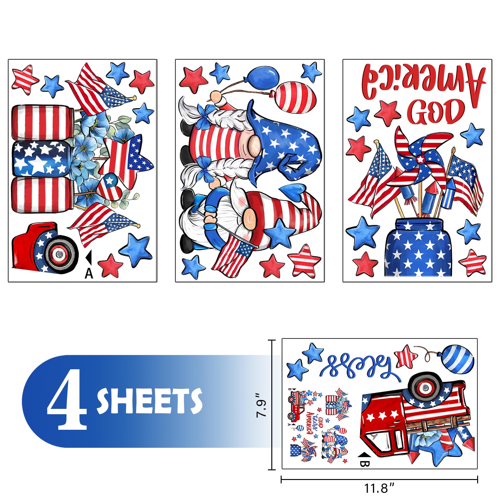 Mfault 4th of July God Bless America Patriotic Window Clings 4 Sheets, USA Gnome Truck Mason Jar Wall Stickers Decal Decorations, American Flag Windmill Flower Stars Living Room Home Kitchen Decor