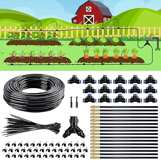 100 Ft Drip Irrigation System for Garden - 16pcs Adjustable Brass Nozzles & Bendable Rod,Upgraded Garden Watering System for Outdoor Plants,Raised Bed,Yard,Potted Plant,Lawn