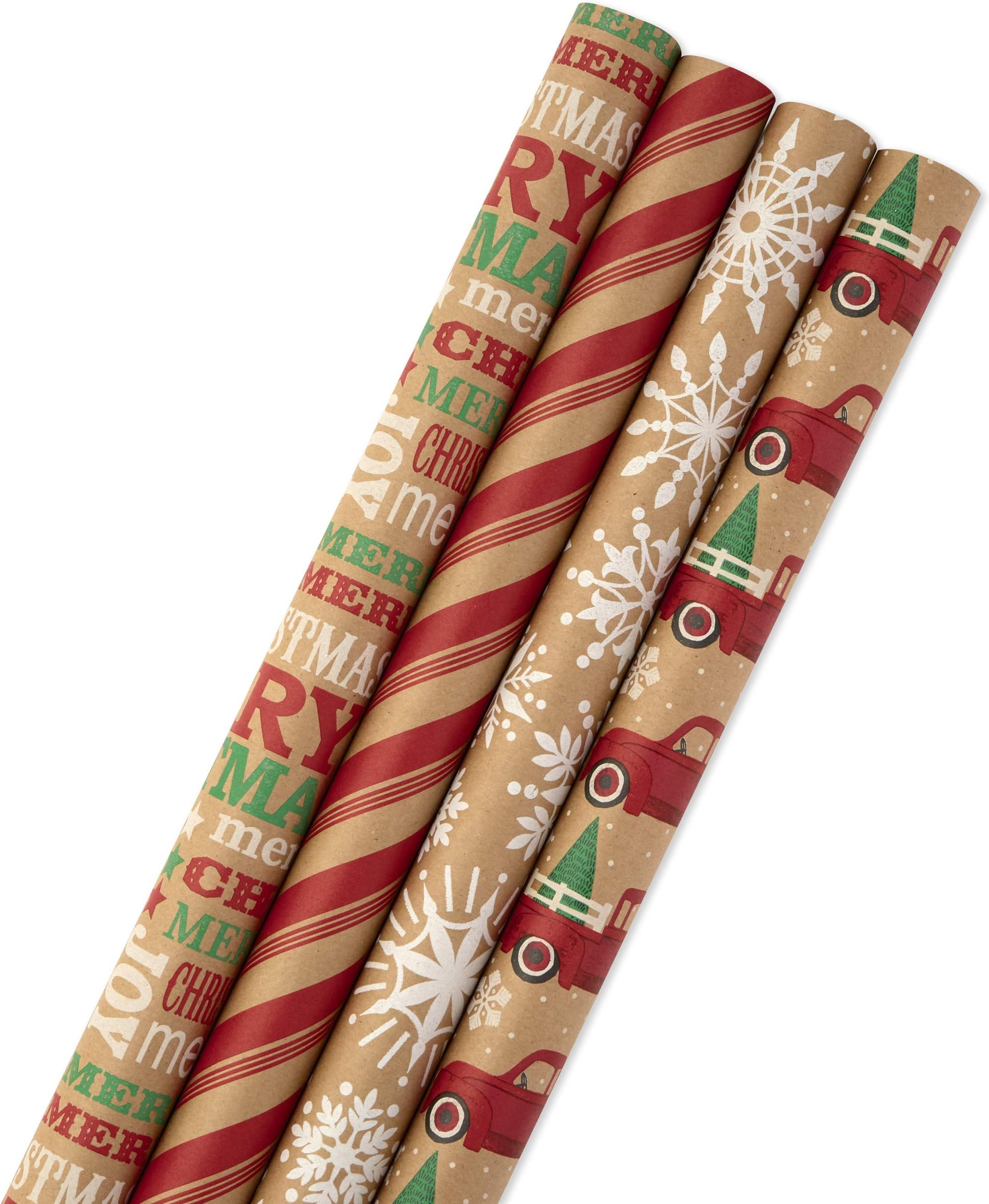 Hallmark Christmas Wrapping Paper Bundle with Cut Lines on Reverse, Kraft (Pack of 4, 88 sq. ft. ttl) Red Trucks, Snowflakes, Stripes, Merry Christmas