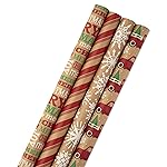 Hallmark Christmas Wrapping Paper Bundle with Cut Lines on Reverse, Kraft (Pack of 4, 88 sq. ft. ttl) Red Trucks, Snowflakes, Stripes, Merry Christmas (5JXW1038)