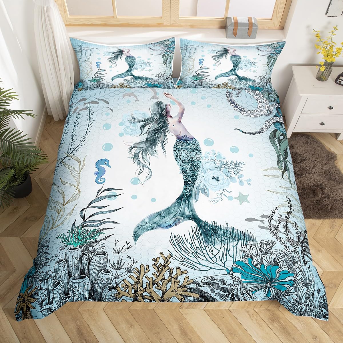 Feelyou Girls Mermaid Comforter Cover Set Queen Size Ocean Life Sea Animal Bedding Set for Kids Boys Girls Children Fish Scales Bedding Duvet Cover Set Room Decor Pastel Bedspread Cover 3Pcs