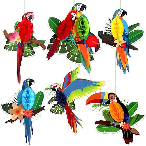 6 piezas de recortes de panal de pájaros tropicales – Decoración hawaiana Luau Tropical para verano, playa, selva, safari, selva tropical, fiesta de