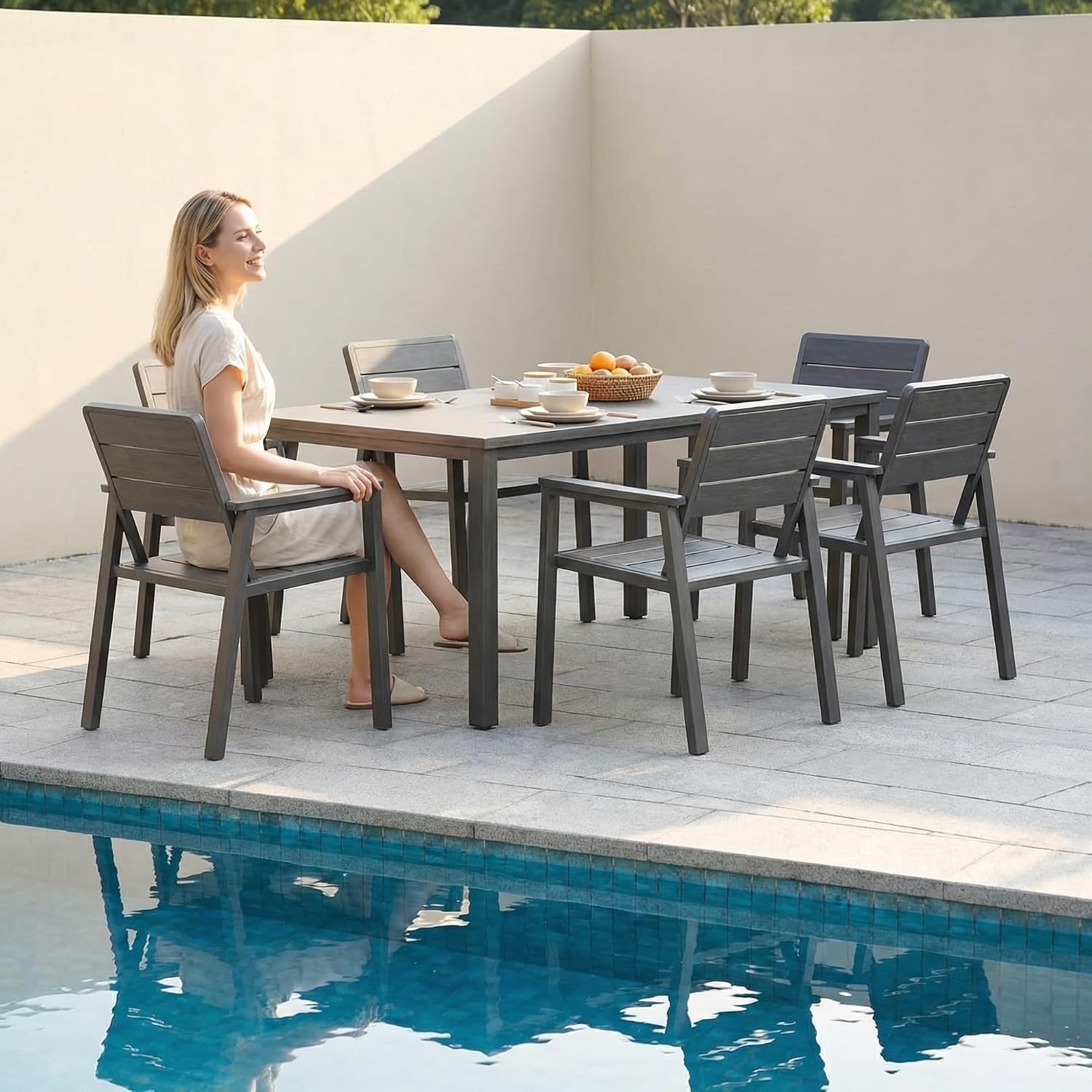Kingdura 7 Piece Patio Dining Set for 6, HDPE & Aluminum Outdoor Table & Chairs with Umbrella Hole, All-Weather Outdoor Furniture Patio Conversation Set for Lawn Pool Backyard, Grey