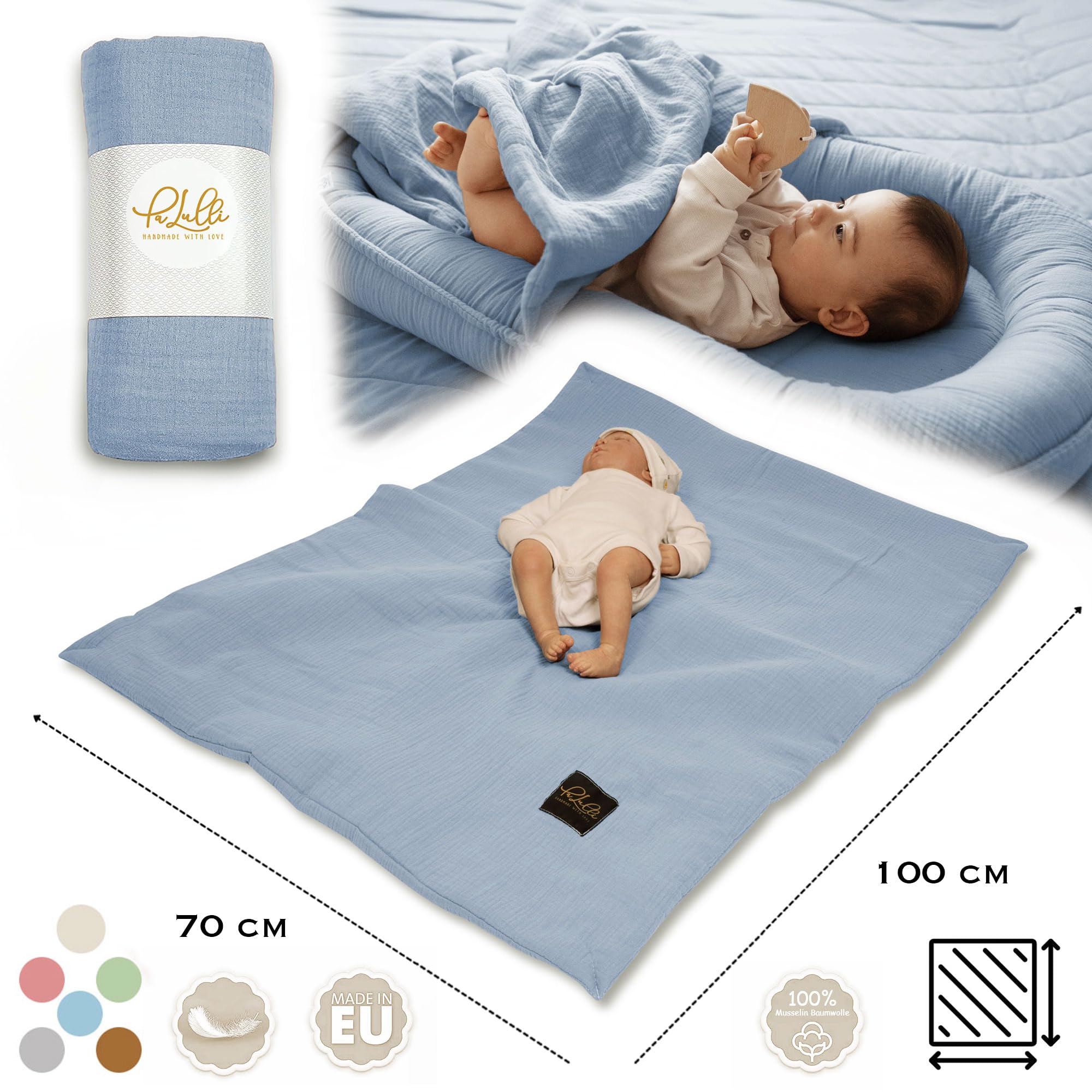 PALULLI® Gniazdo dla niemowląt 2 w 1 z kocem niemowlęcym, ze 100% bawełny muślinowej, przytulne gniazdo dla niemowląt i niemowląt, 100 x 60 cm, zapięcie na rzepy, nakładka do przewijania, kokon dla