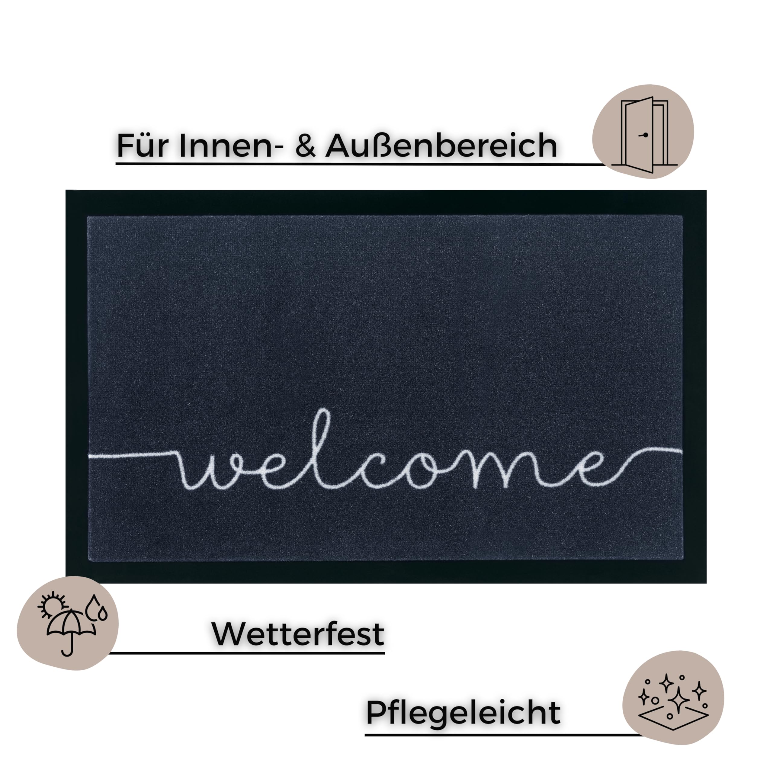 Hanse Home Printy Fußmatte für Innen und Außen 45x75cm - Schmutzfangmatte Türmatte Cozy Welcome mit Schriftzug Waschbar & Wetterfest, rutschfest für Eingangsbereich & Außenbereich – Anthrazit Creme
