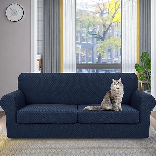 Miniatura 2 de YEMYHOM Fundas de sofá de 3 piezas para sofá de 2 cojines extragrandes + 4 fundas para sillas reclinables (azul marino)