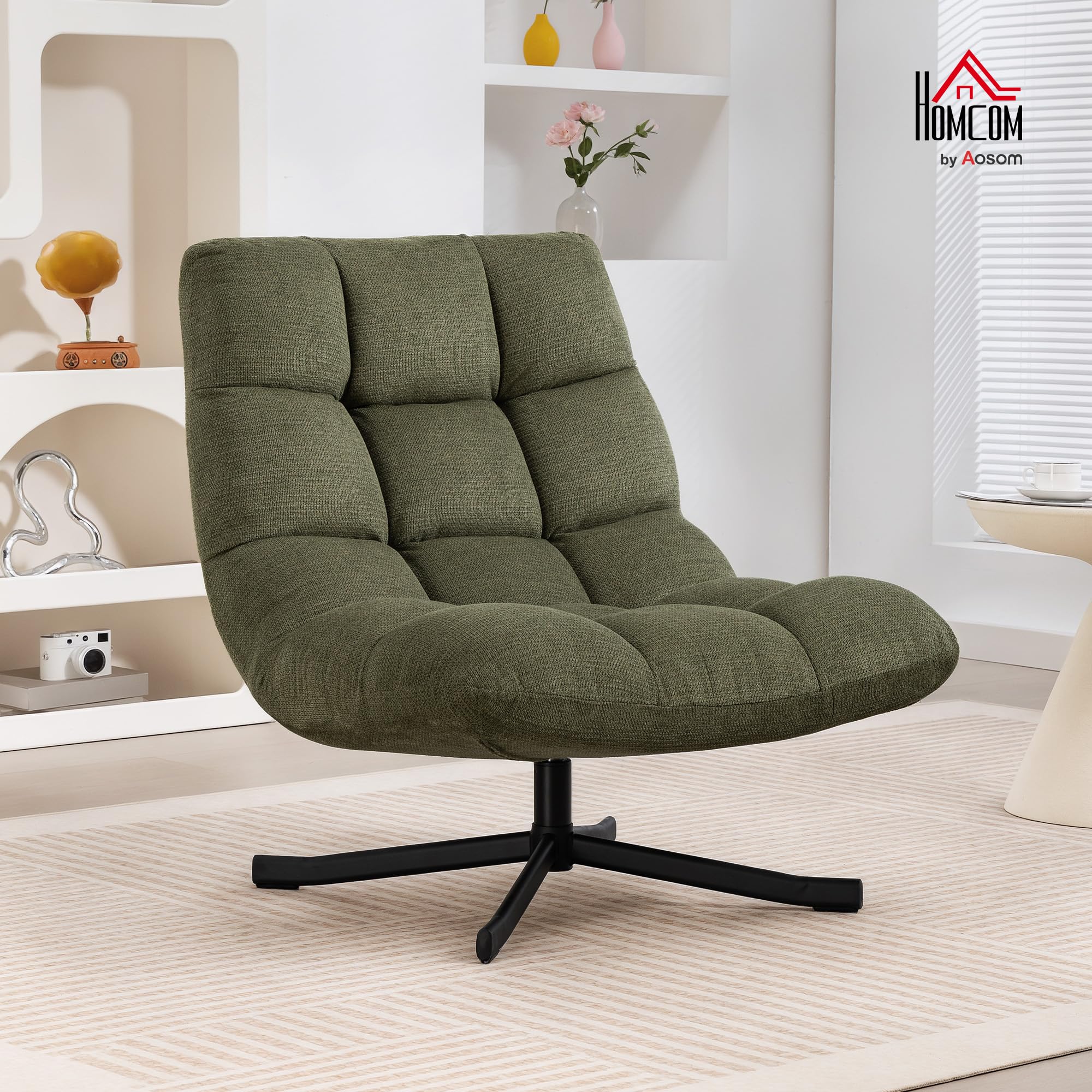 HOMCOM Sessel Drehbar Loungesessel mit Breiter Sitzfläche, gepolstert Relaxsessel mit wasserabweisend Chenille-Optik, gekreuzt Stahlbeine, modern Polsterstuhl für Wohnzimmer, Schlafzimmer, Grün
