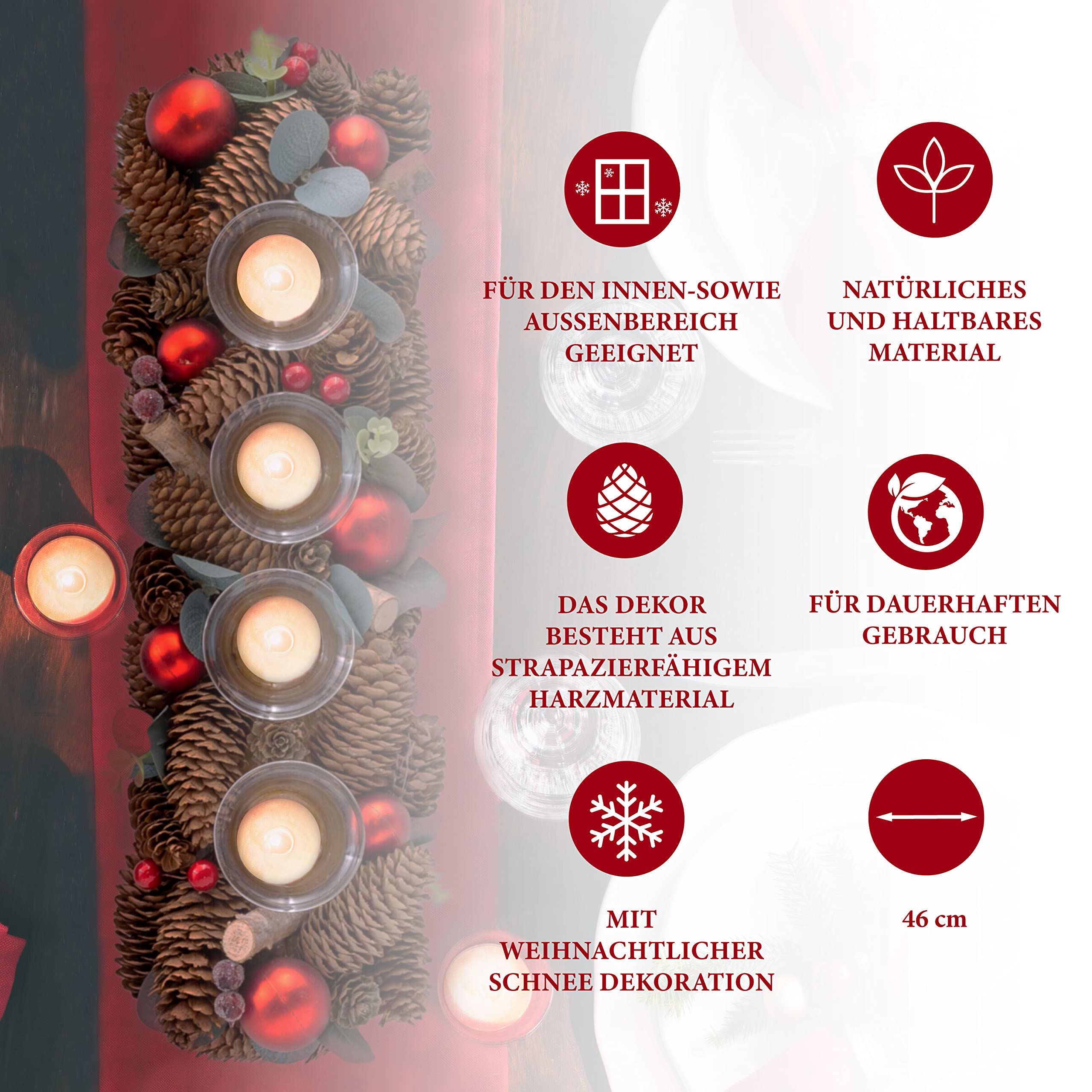Adventsgesteck lnglich, Adventsgesteck/Adventskranz knstlich fr  Teelichter, Tisch Deko Weihnachten 44-50cm mit Tannenzapfen, Eukalyptus und  Beeren in 6 Varianten HISA DARIL (Klassik, Eukalyptus) : Amazon.de: Kche,  Haushalt & Wohnen