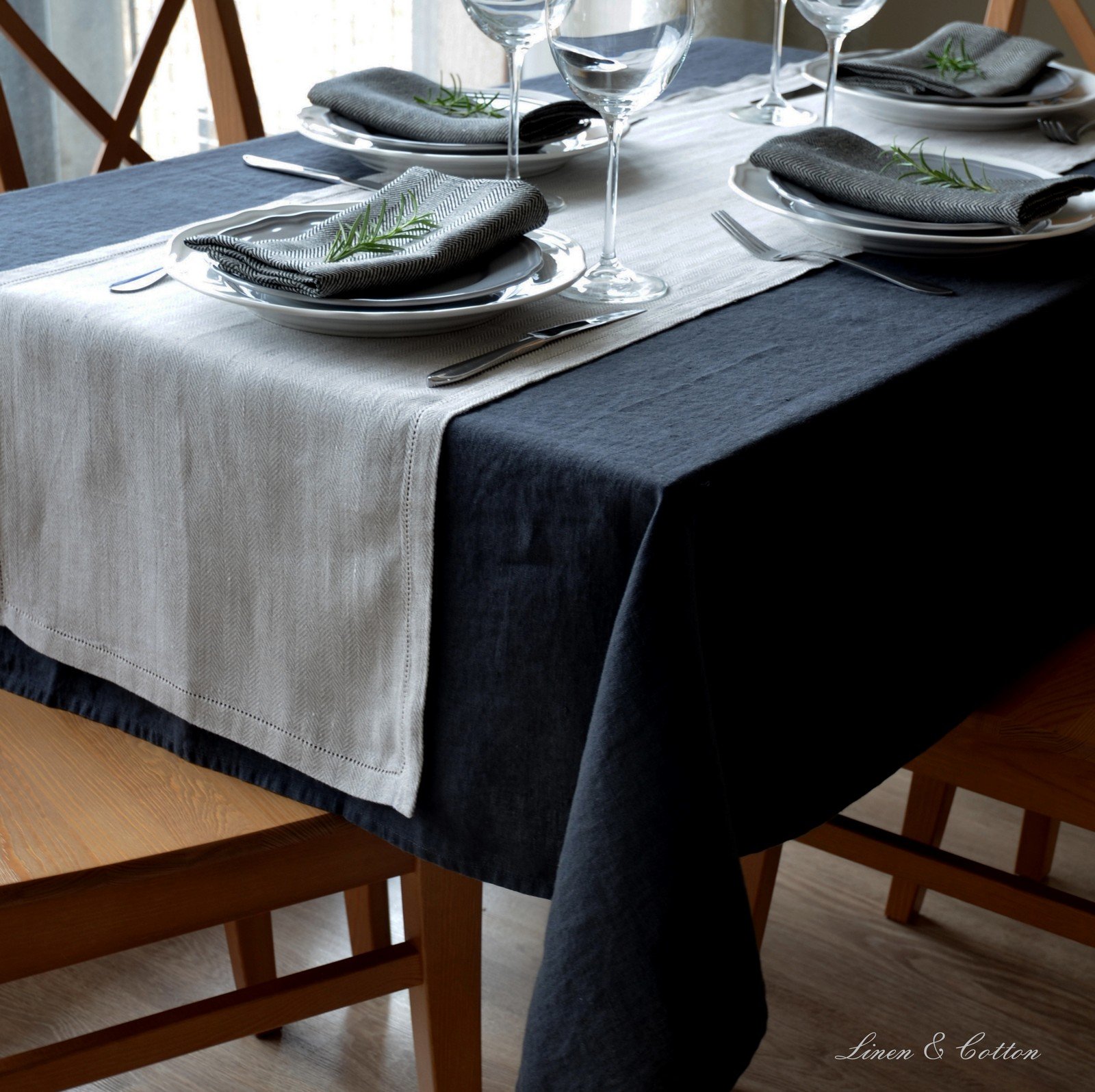 Linen & Cotton Tischdecke Stoff Tischtuch Decke Nordic - 100% Leinen, Schwarz (137 x 250 cm) Rechteckig Tischwäsche Einfach für Home Haushalt Haus Küche Dekoration Esstisch Restaurant Hotel Cafe Party