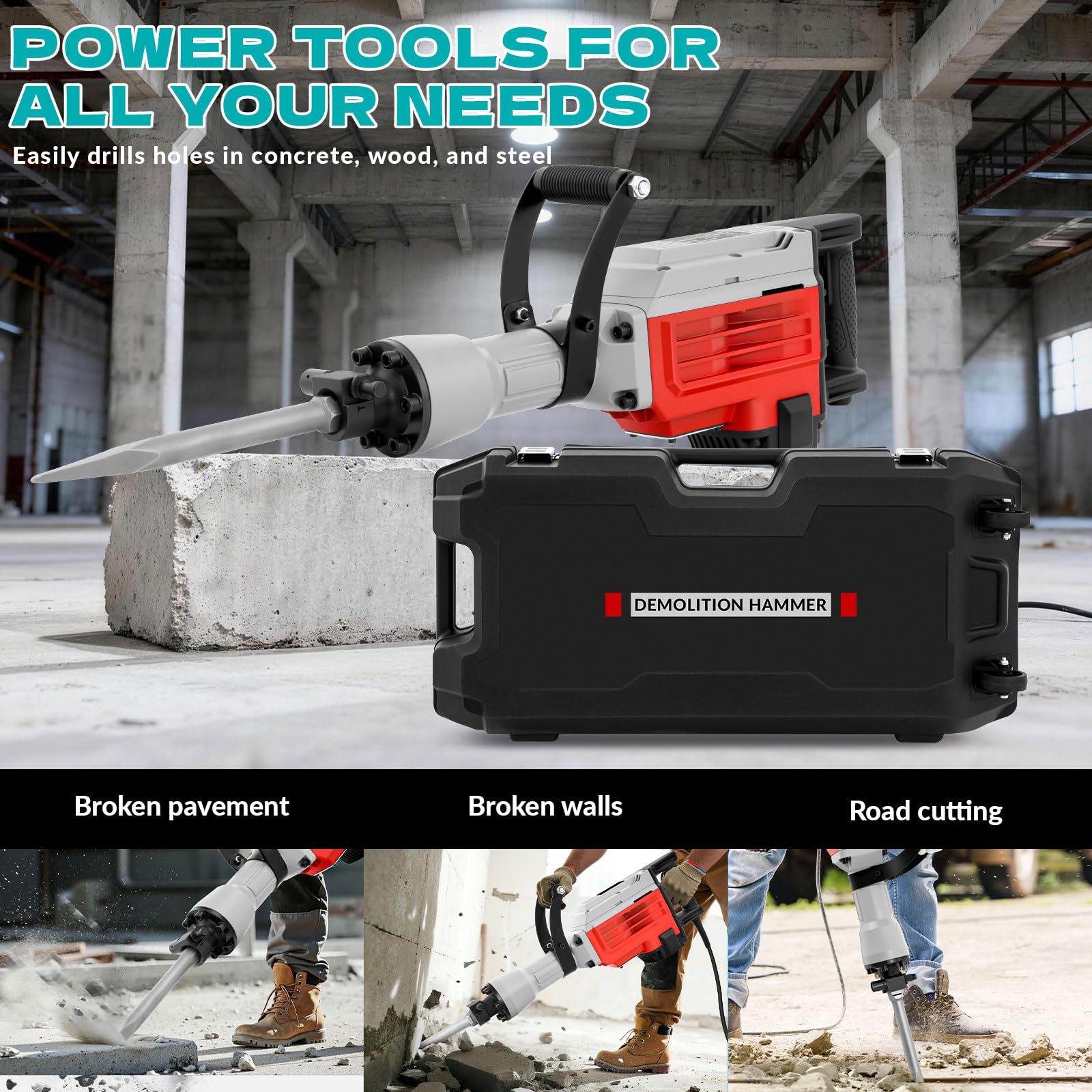 Martillo de demolición 3500 W – 60 J de energía de impacto, 1900 BPM, SDS Hex, 2 cinceles (punta y plana), para hormigón, piedra y escombros