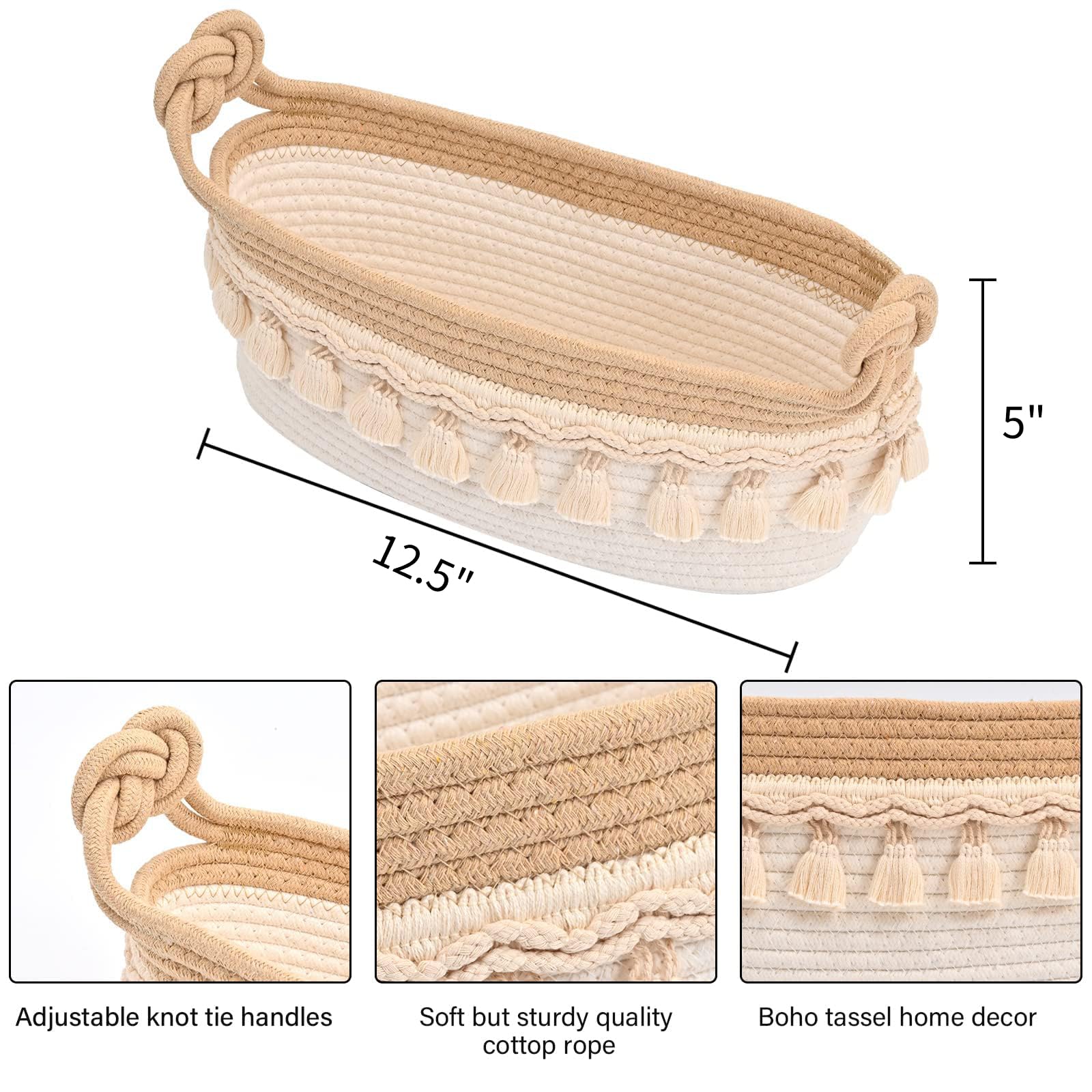 Kleine gewebte Körbe zur Aufbewahrung, 35,6 x 14 x 15,2 cm, Toilettenpapier-Aufbewahrungskörbe zum Organisieren mit Knoten, Griffen, dekorativer leerer Geschenkkorb für Boho-Badezimmer, Dekoration