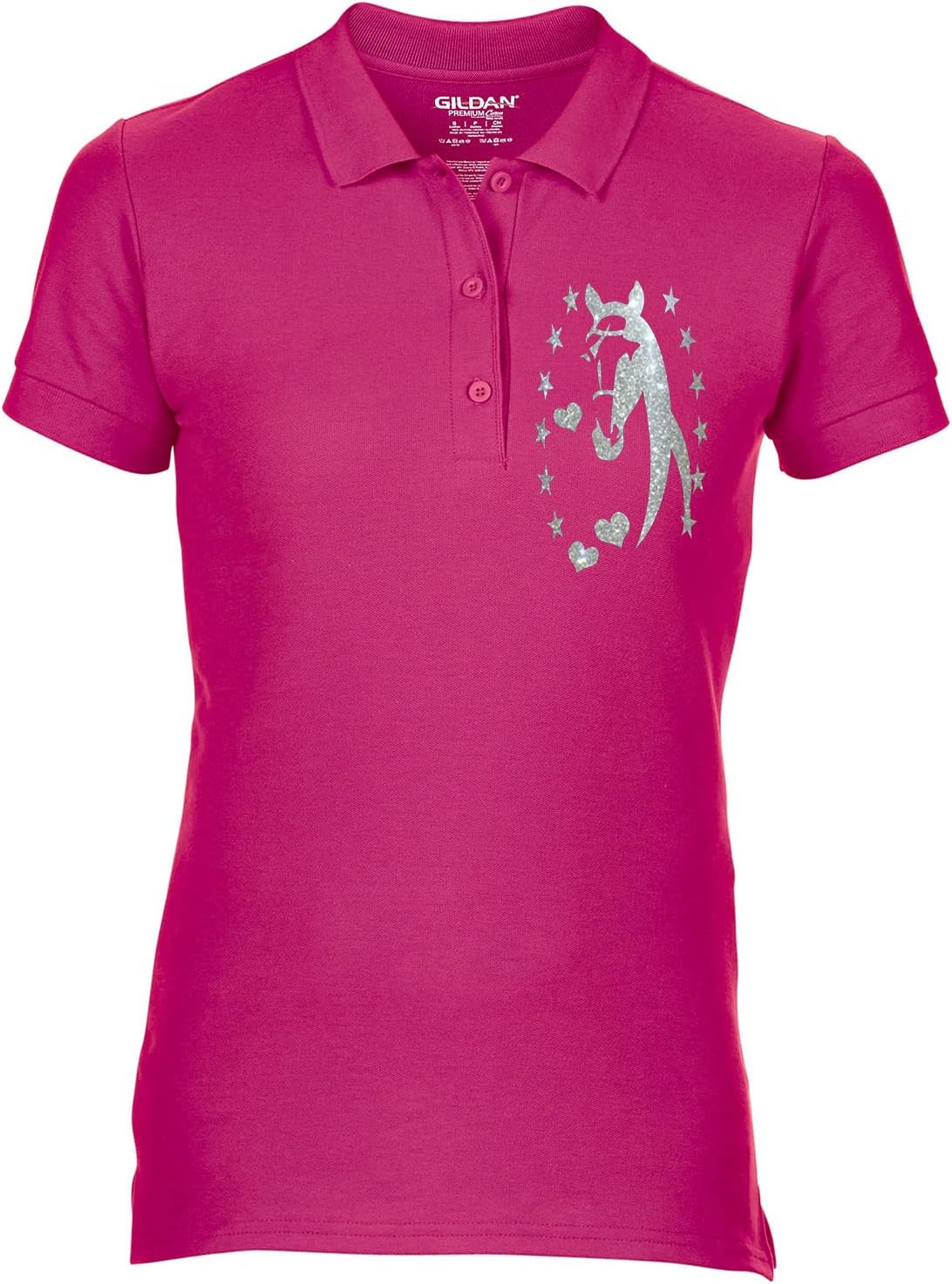 StreetmerchFree P&P Equestrian Equine Horse Riding Ladies Polo Shirt Horse Silhouette Head Stars & Heart Glitter Colour Variations