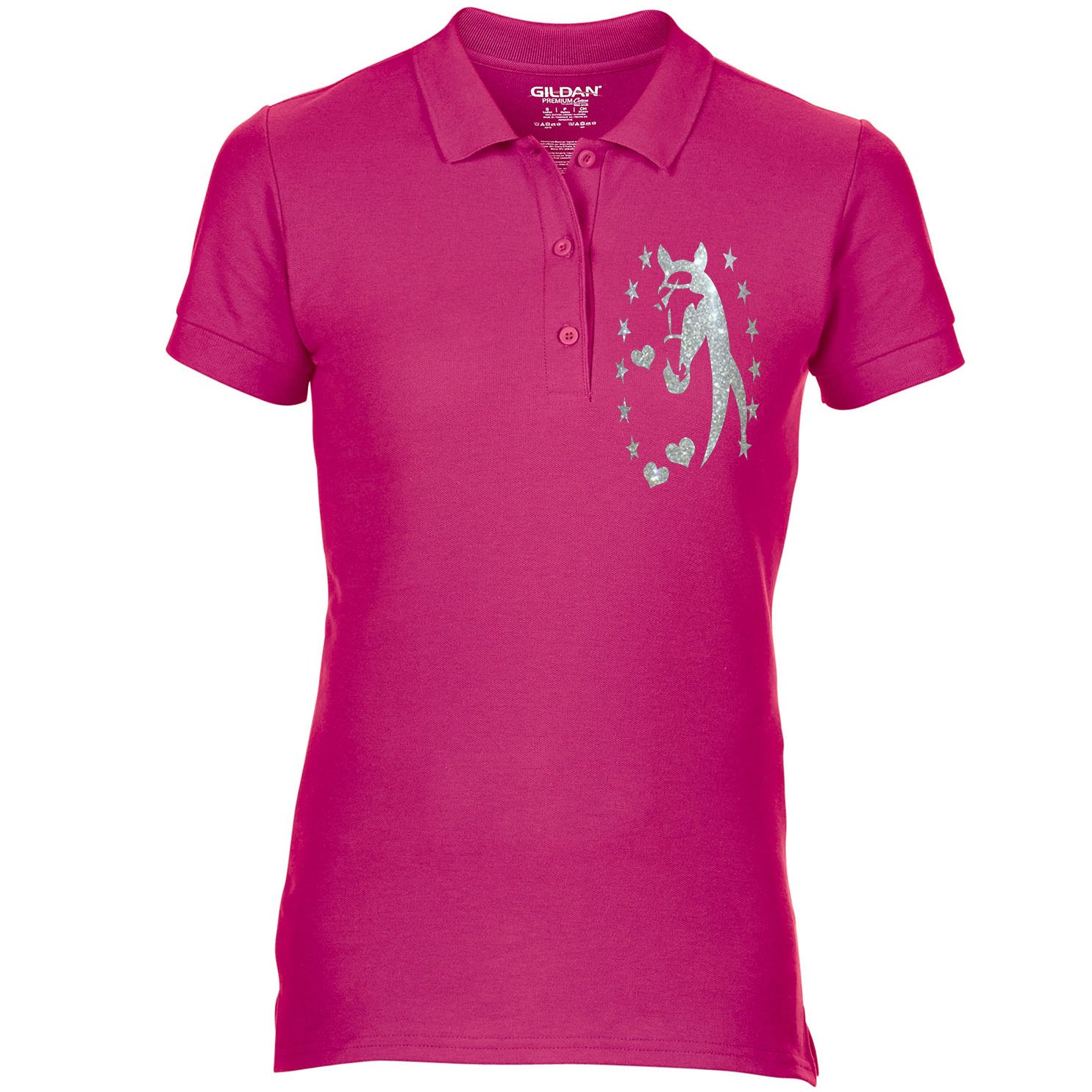 StreetmerchFree P&P Equestrian Equine Horse Riding Ladies Polo Shirt Horse Silhouette Head Stars & Heart Glitter Colour Variations