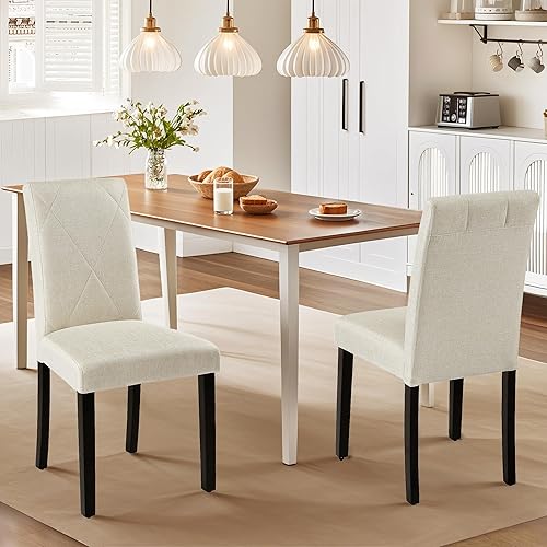 Miniatura 2 de VECELO Juego de 4 sillas de comedor tapizadas, tela moderna y patas de madera maciza y respaldo alto para cocinasala de estar, color beige