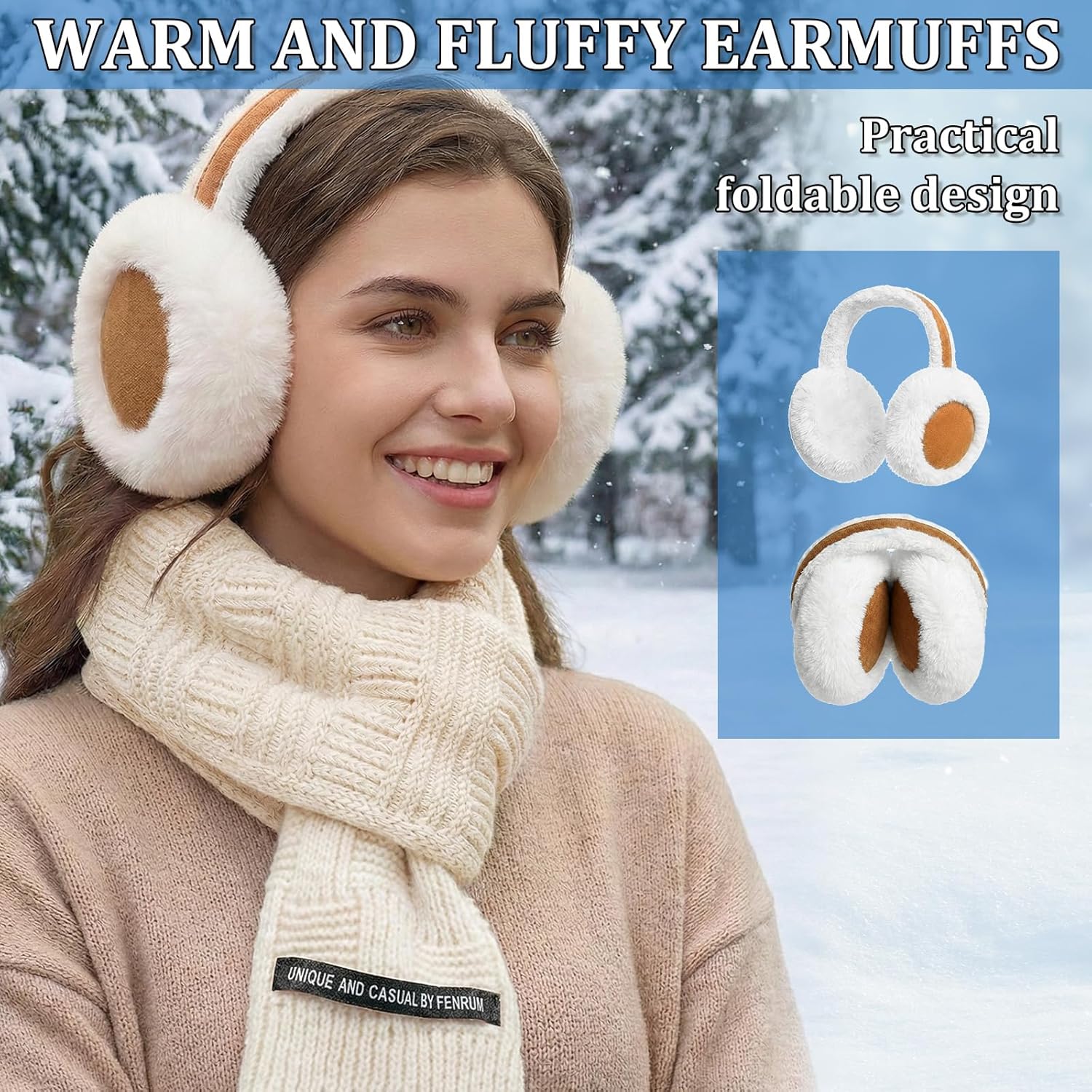 Hat Gloves Scarf Set Women - 4PCS Winter Knit Warm Beanie Hat, Touch Screen Gloves, Earmuffs, Long Knitted Plaid Scarf Set, for Winters Cold Weather, Travel, Skiing,Cosplay - Image 3