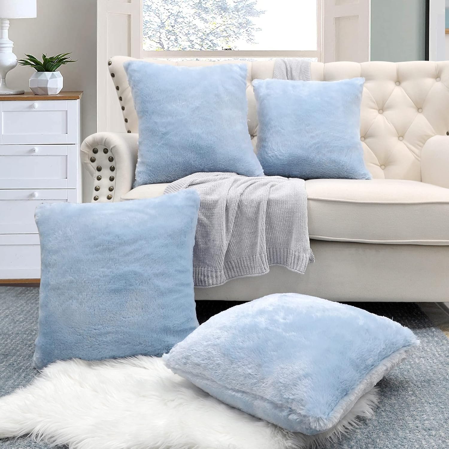 Faux Fur Decorative Square Throw Pillow Covers 20 x 20 Inches Set of 4, Plush Fluffy Fuzzy Soft Luxury Cushion Case Pillowcase for Couch Bed Car Bedroom Living Room, Blue Fog