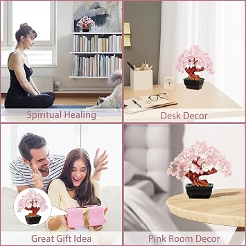 Parma77 Feng Shui Natural Rose Pink Quartz Crystal Money Tree, Healing Crystal Trees Bonsai Style Decoration for Wealth and Luck for Home Decor, Gifts for Women