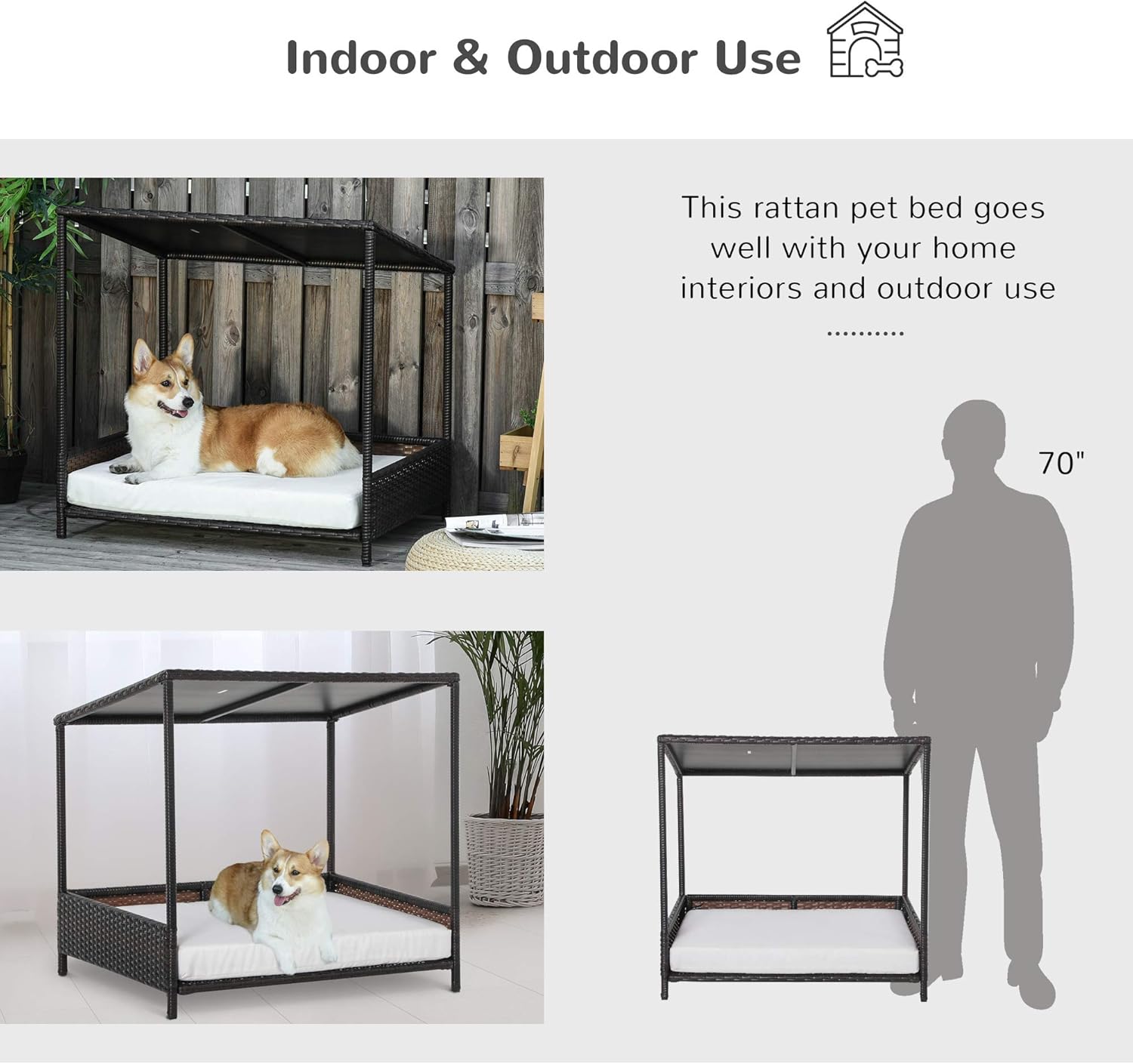 PawHut Wicker Dog House Raised Rattan Puppy Bed Cat Shelter for Indoor Outdoor Garden Patio Pet Sofa with Removable Cushion for Medium Sized Pet Brown