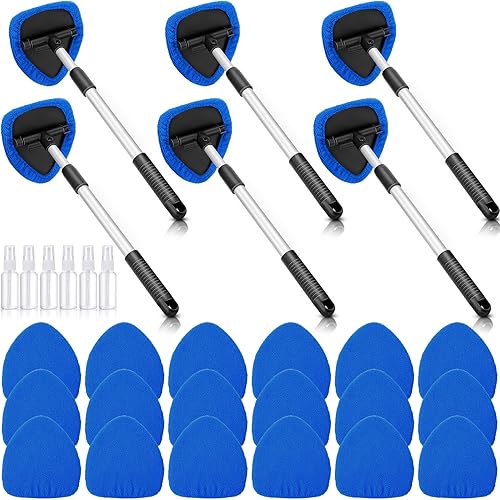 Tioncy 6 juegos de limpiador de parabrisas, herramienta de limpieza de ventanas de microfibra con cabezal de almohadilla de mango extensible, paño