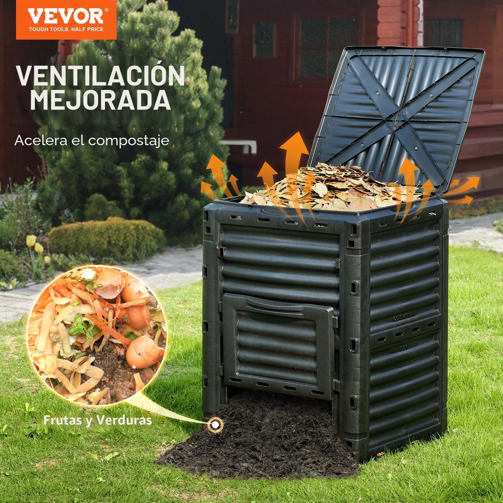 VEVOR Compostador de Jardín 300 L sin BPA Contenedor de Abono para Exteriores con Tapa Puerta Inferior Gran Capacidad Fácil de Instalar para Recolectar Hojas Compostaje Creación Rápida Suelo Fértil