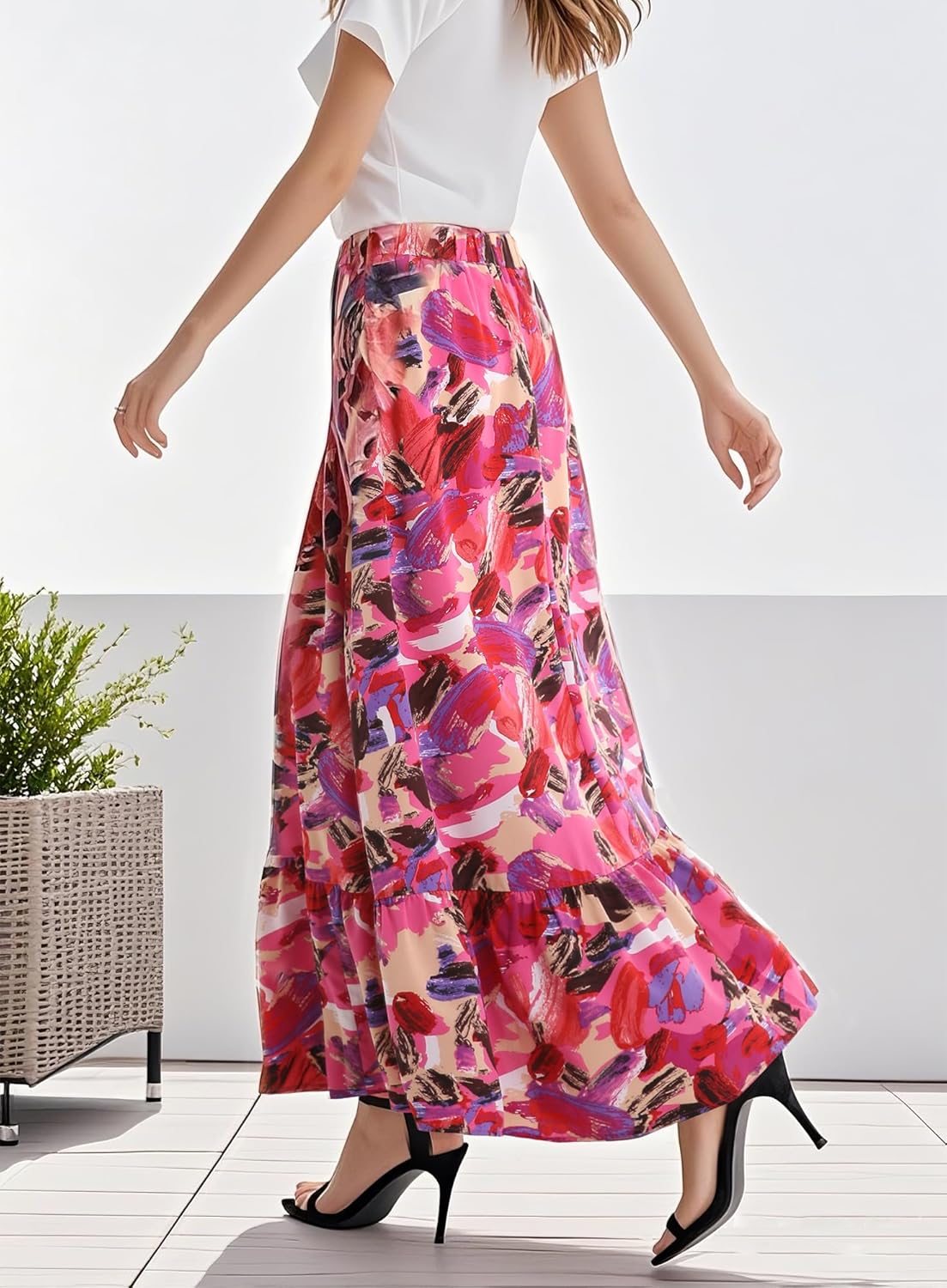 Urban CoCo Women's Summer Flowy Boho A-Line Pleated Maxi Skirt Elastic Waist Long Beach Skirts with Pockets - Image 4